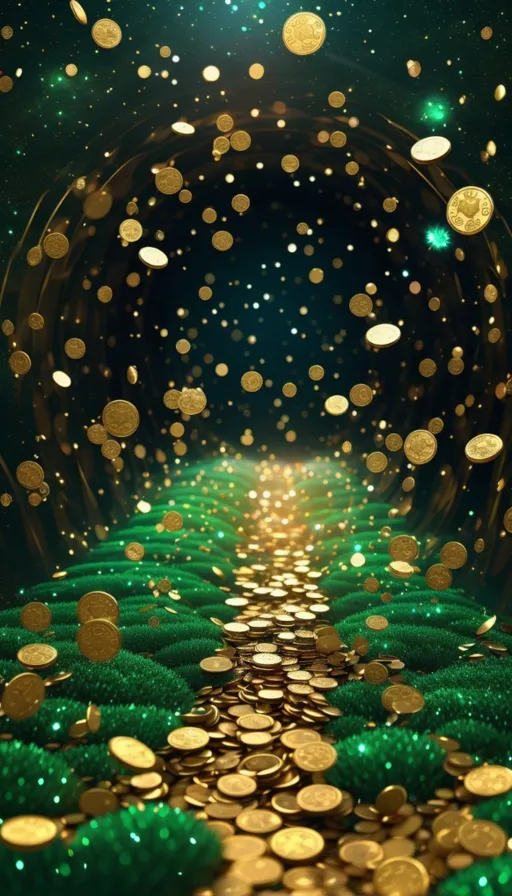 a tunnel filled with lots of green and gold coins