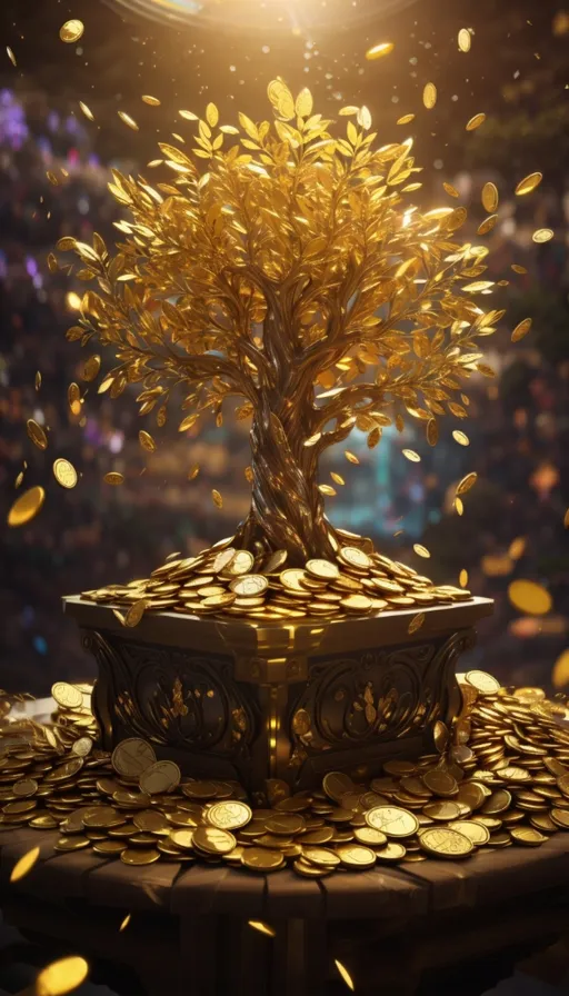 a golden tree sitting on top of a pile of gold coins