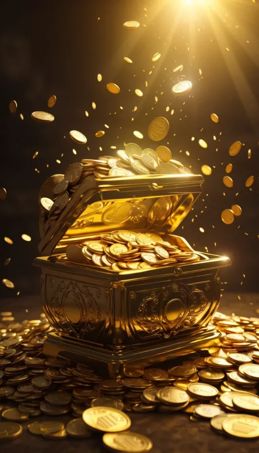 a chest of gold coins with a bright light coming out of it