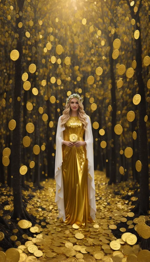 a woman in a golden dress standing in a forest with gold coins