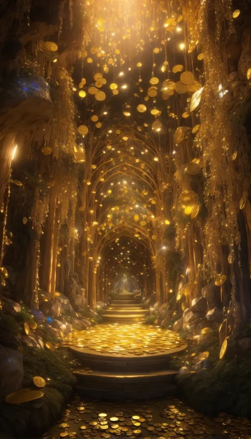 a tunnel with lots of gold coins hanging from the ceiling