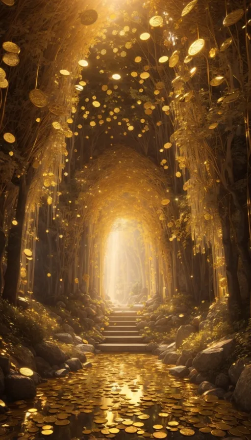 a tunnel with lots of gold coins coming out of it