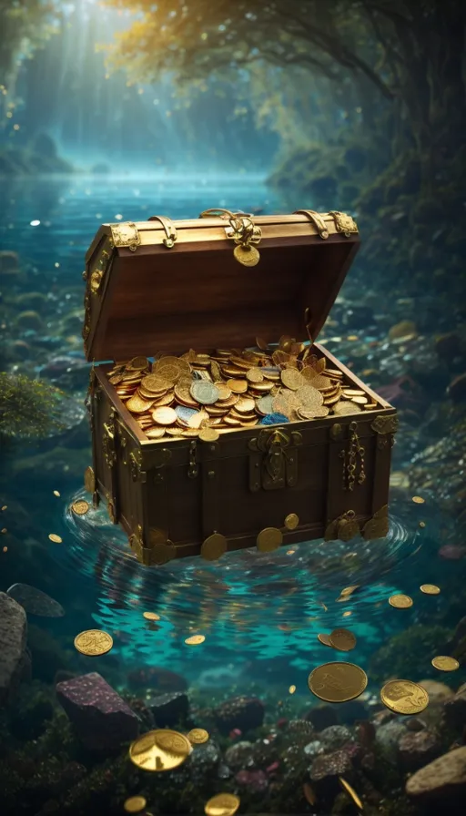 a chest of gold coins floating in the water