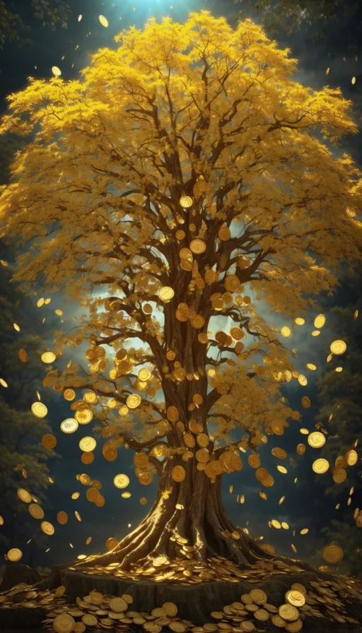 a painting of a tree with gold coins falling from it