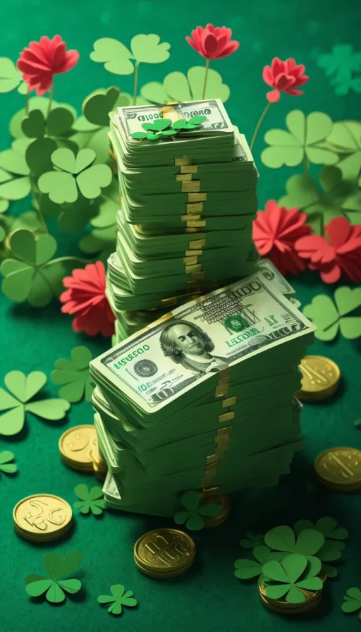 a stack of money sitting on top of a green table