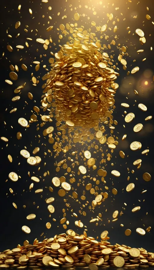 a pile of gold coins falling into the air