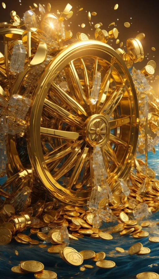 a golden wheel surrounded by gold coins