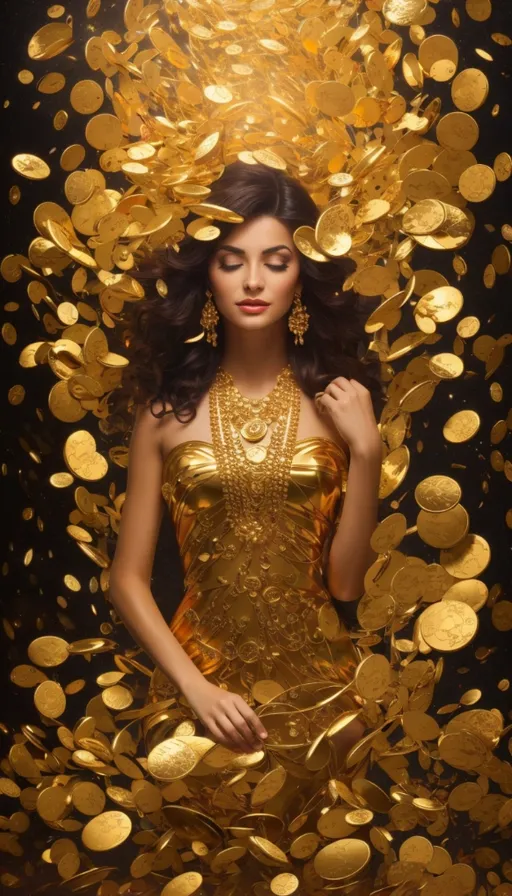 a woman in a gold dress surrounded by gold coins