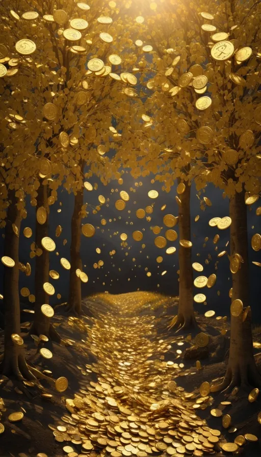 a painting of gold coins falling from trees