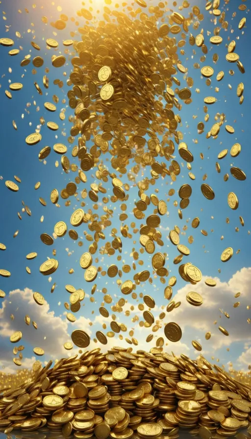 a pile of gold coins falling into the air