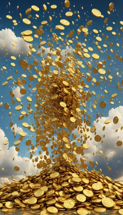 a pile of gold coins flying into the air