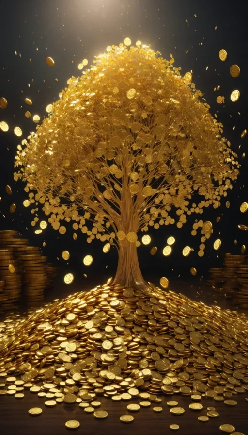 a tree that is surrounded by gold coins