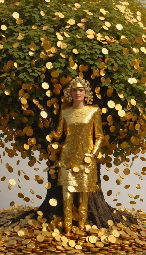 a statue of a woman standing in front of a tree filled with gold coins