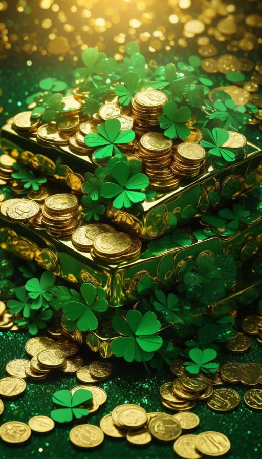 a green table topped with lots of gold coins