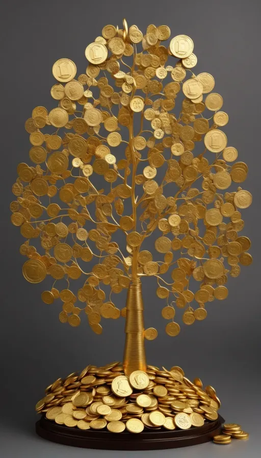 a golden tree made out of gold coins