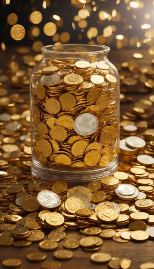 a jar filled with gold coins on top of a table