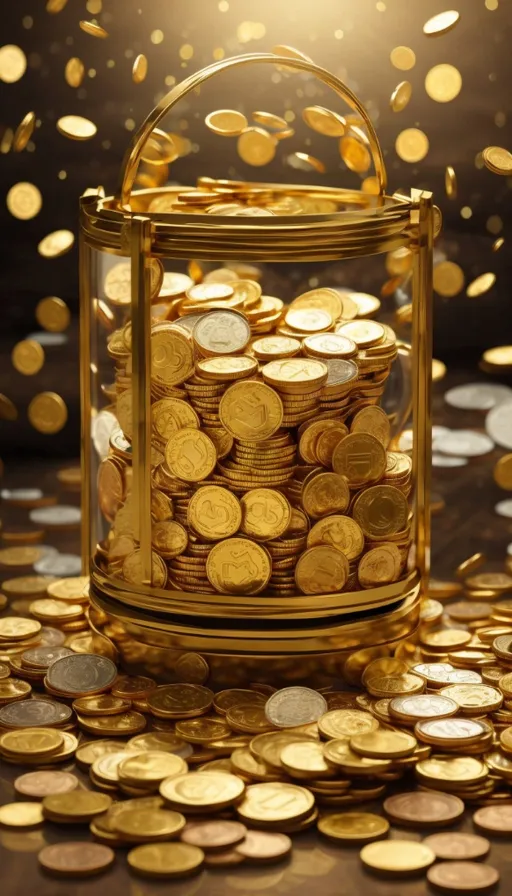 a glass jar filled with gold coins on top of a table