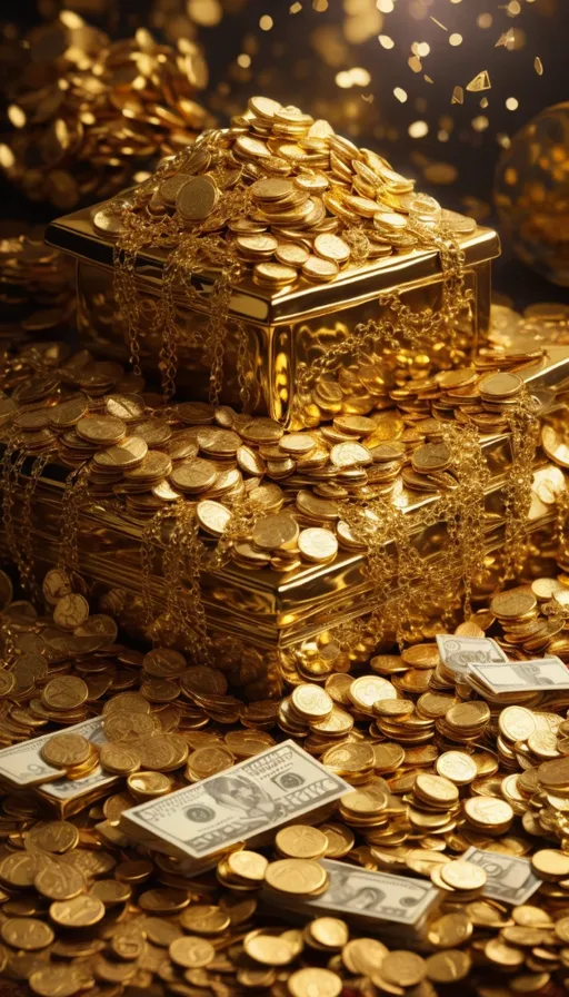 a pile of gold coins sitting on top of a table