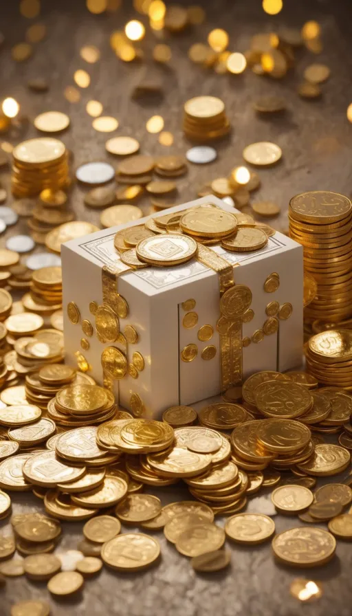 a white box with gold coins around it