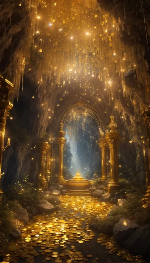 a fantasy scene with gold coins falling from the sky