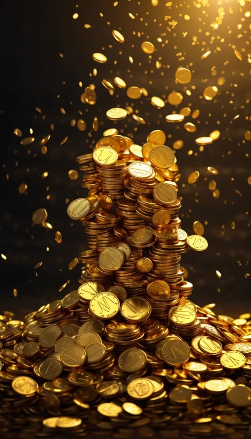 a pile of gold coins with a bright light in the background