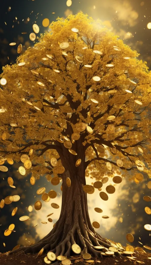 a tree with gold coins falling from it