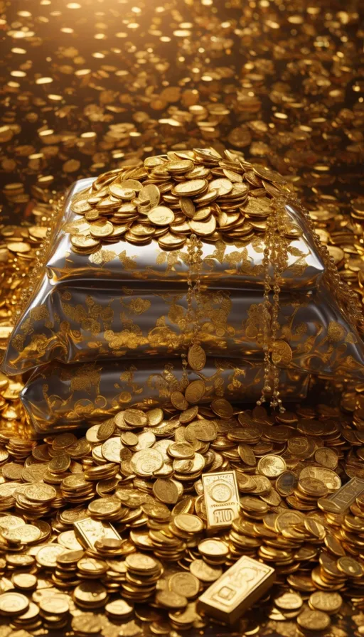 a bag full of gold coins on a table