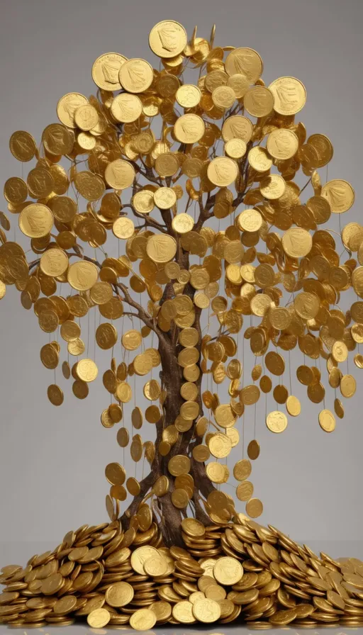 a tree made out of gold coins sitting on top of a pile of coins