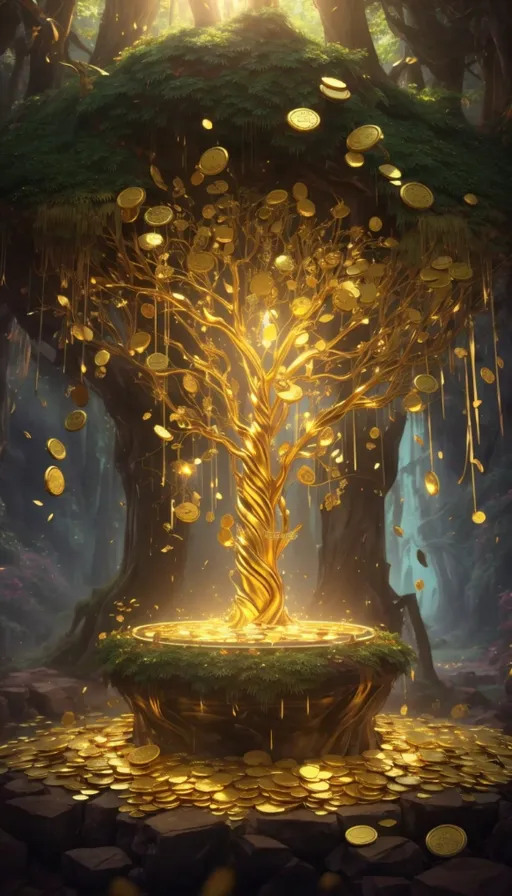 a tree with gold coins falling from it