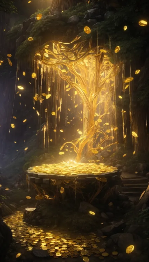 a golden tree surrounded by falling gold coins