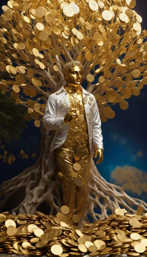 a golden statue of a man standing in front of a tree