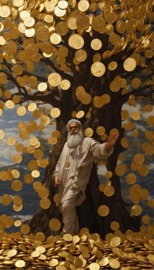 a man standing in front of a tree filled with gold coins