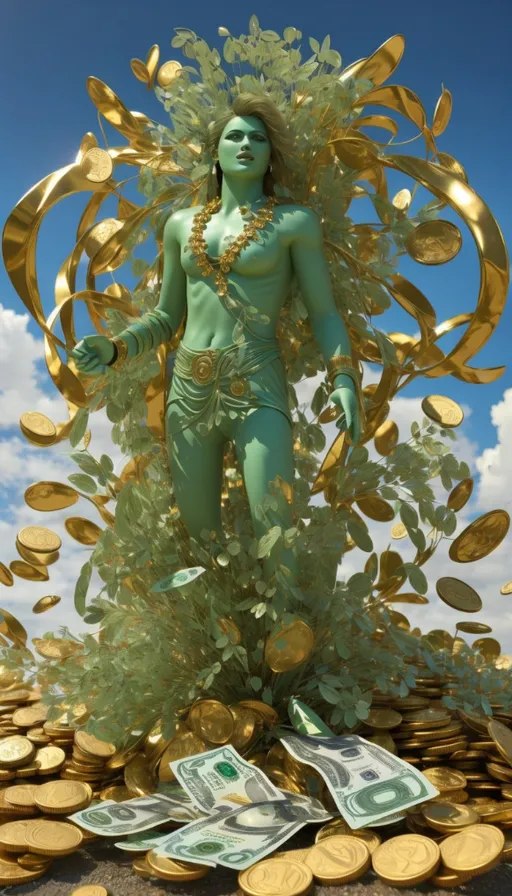 a woman standing on top of a pile of money