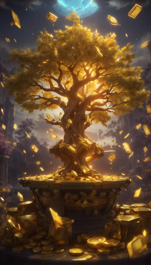 a tree with lots of gold falling from it