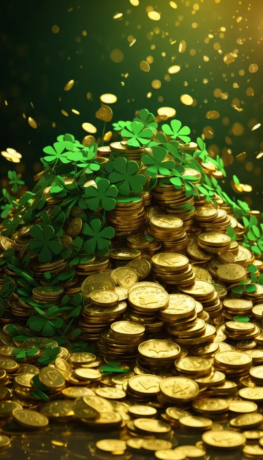 a pile of gold coins with shamrock leaves on top