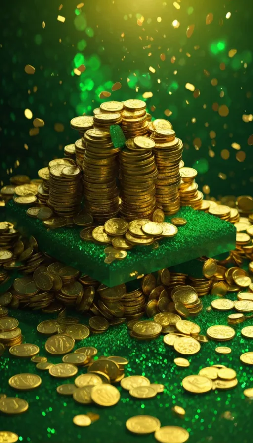 a pile of gold coins sitting on top of a green table