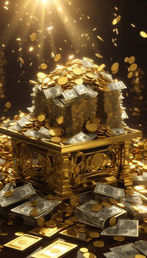 a pile of gold coins and a chest of money