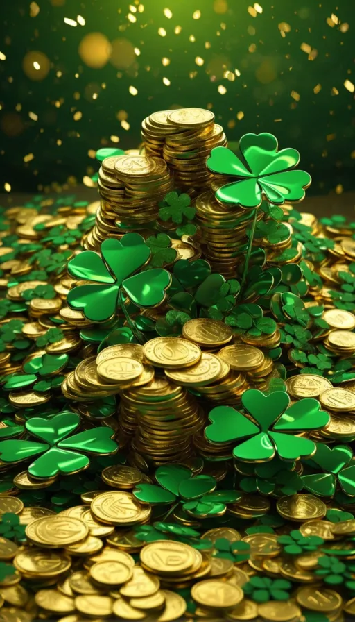 a pile of gold coins with shamrocks on top