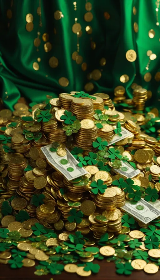 a pile of gold coins and shamrocks on a table