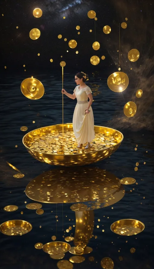 a woman in a white dress is standing on a gold boat