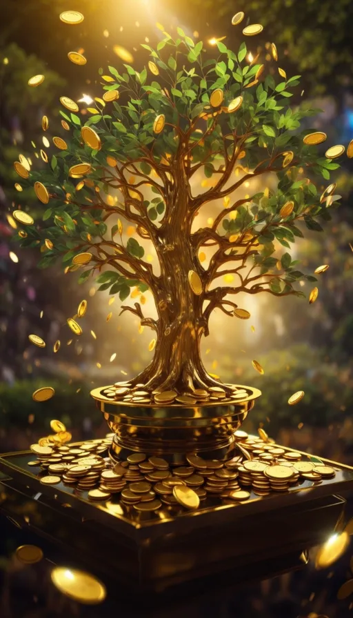 a tree that is growing out of a pile of coins