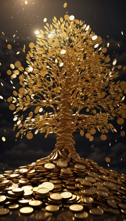 a golden tree sitting on top of a pile of coins