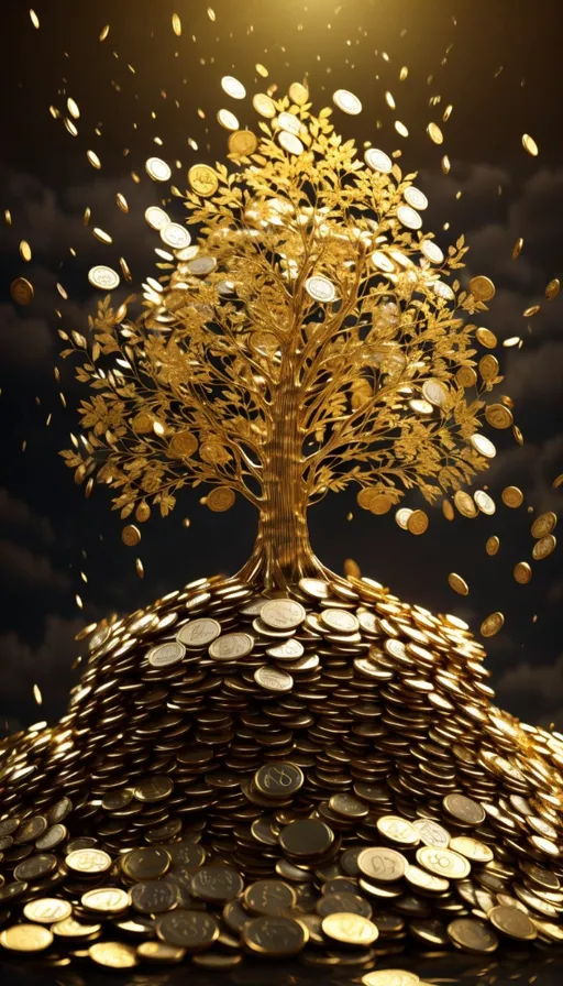 a golden tree on top of a pile of coins