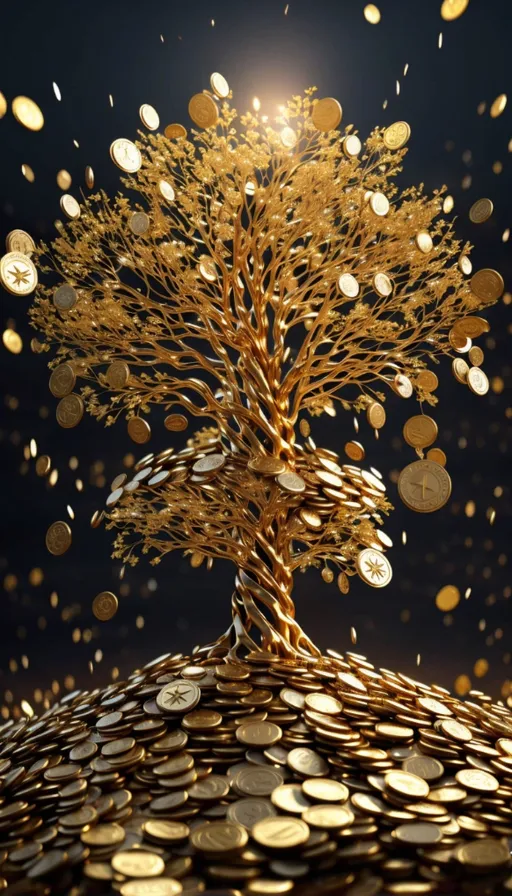 a golden tree on top of a pile of coins