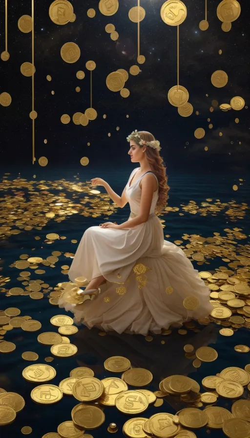 a woman in a white dress sitting on a pile of gold coins