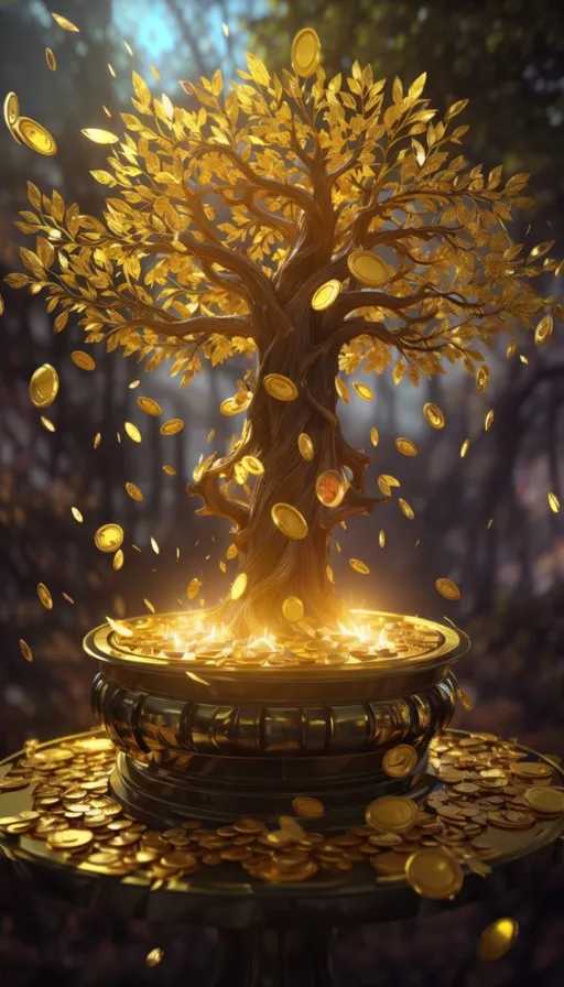 a tree with gold coins falling from it