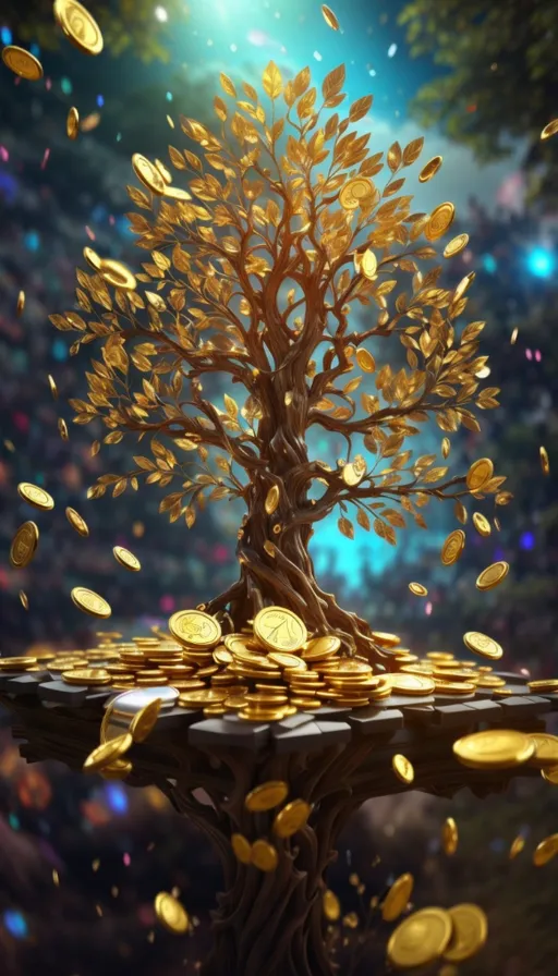 a tree with gold coins falling from it