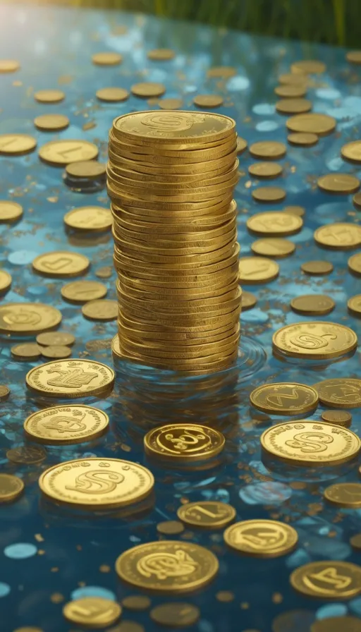 a stack of gold coins sitting on top of a blue table