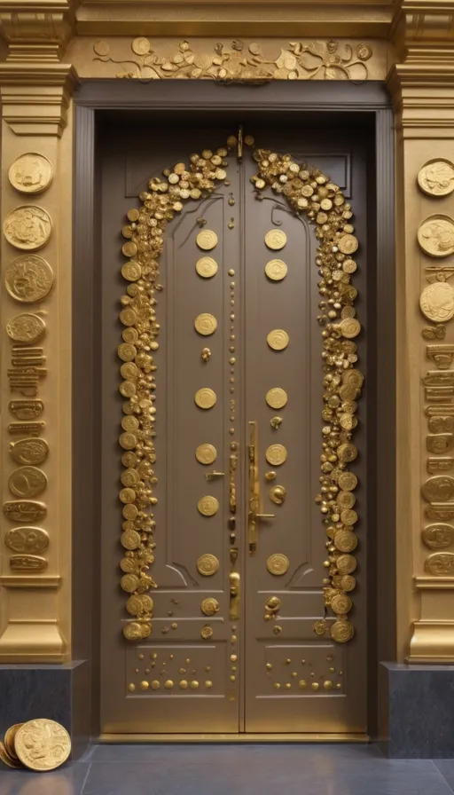 a large gold door with a bunch of gold coins on it