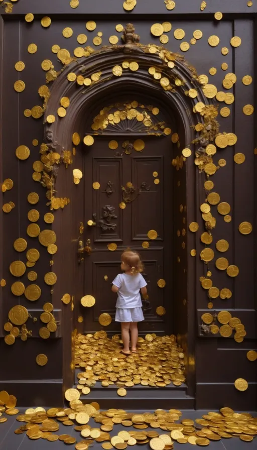 a little girl standing in a doorway surrounded by gold coins